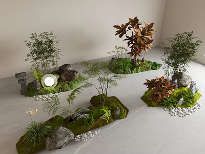 Indoor Plant Combinations with Bamboo Red Leaf Trees and Ferns Stones Pebbles and Moss Decor 3d model
