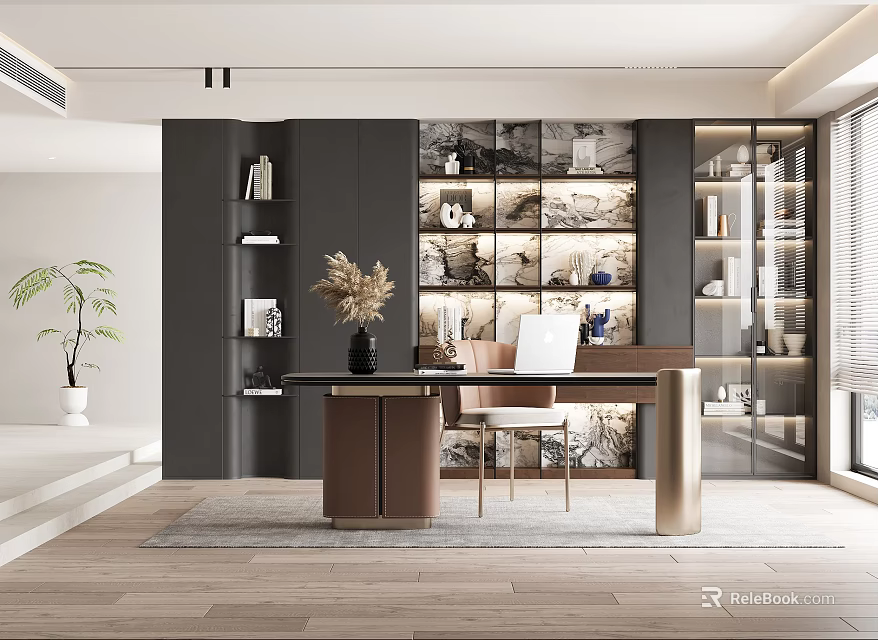 Study Room Interior With Dark Bookshelves Brown Desk Plant Decorations And Window 3d model 