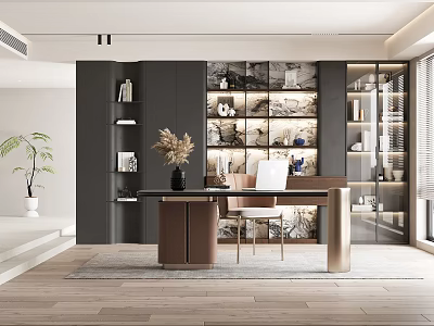 Study Room Interior With Dark Bookshelves Brown Desk Plant Decorations And Window 3d model