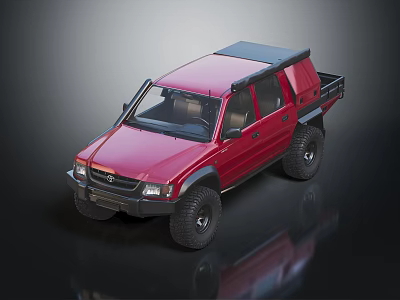 Red Toyota Pickup Truck With Roof Rack Off Road Tires And Open Cargo Bed 3d model