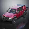Red Toyota Pickup Truck With Roof Rack Off Road Tires And Open Cargo Bed