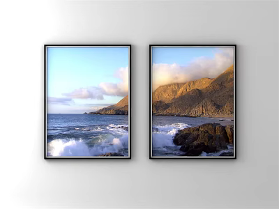 Coastal Mountain Landscape Paintings With Rolling Waves Rocky Shore And Cloudy Sky 3d model