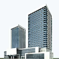 Modern Office Building Exterior With Blue Roof Large Glass Windows Green Lawn And Spacious Entrance