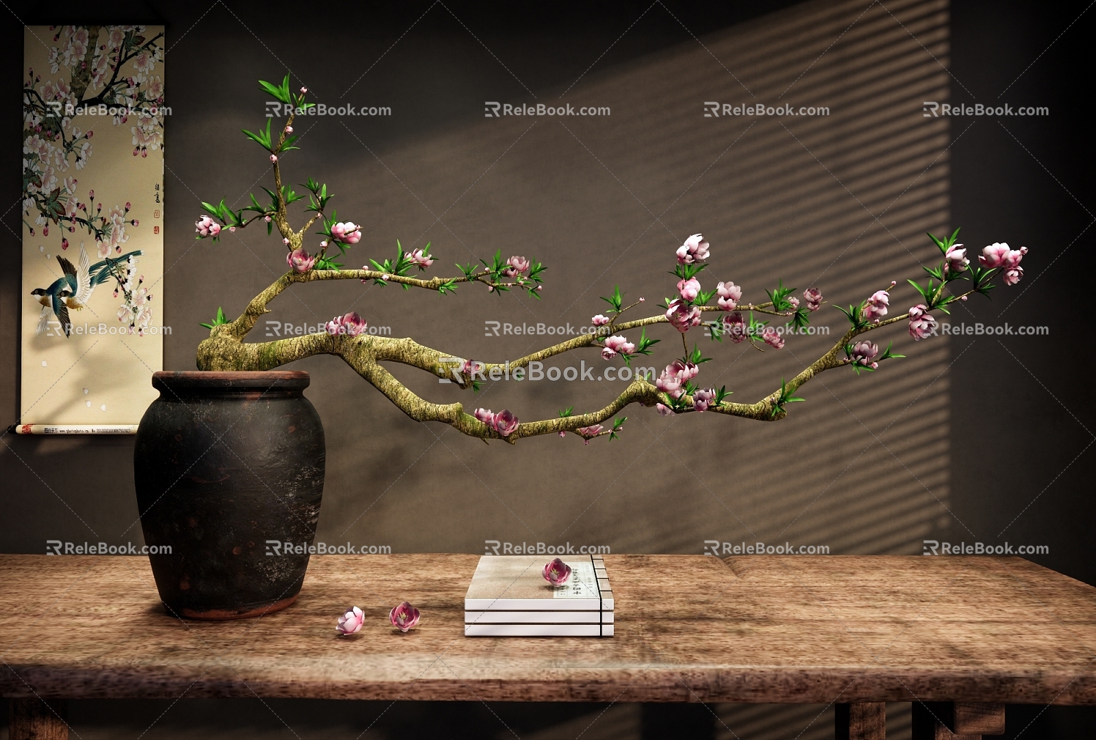 Vase Flower Art Peach Blossom Branch Peach Blossom Flower Artwork Pottery Pot Flower Art End Scene Case Hanging Painting 3d model