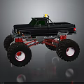 Rugged Off Road Terrain With Black Monster Truck Large Tires And Red Suspension