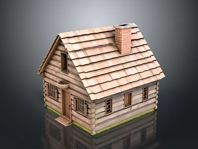 Traditional Wooden Log Cabin With Sloped Roof Brick Chimney Windows And Front Door 3d model