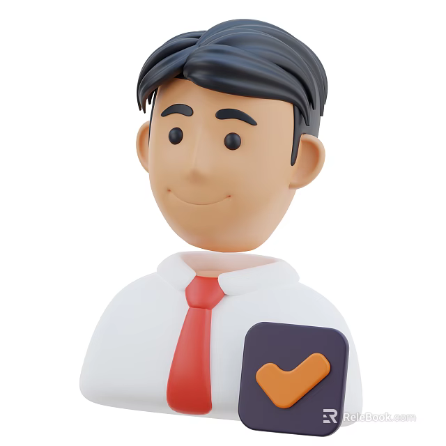 Smiling Cartoon Man In White Shirt Red Tie Holding Device With Orange Phone Icon 3d model 