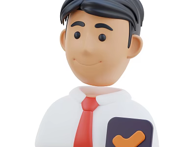 Smiling Cartoon Man In White Shirt Red Tie Holding Device With Orange Phone Icon 3d model