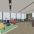 Modern Hotel Public Lounge Area With Round Table Blue Chairs Hanging Lamp And Bookshelf