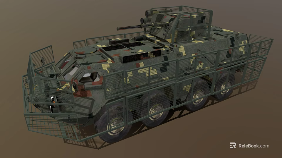 Camouflaged Military Tank With Metal Cage Armor Multi Wheel Design And Top Machine Gun 3d model 