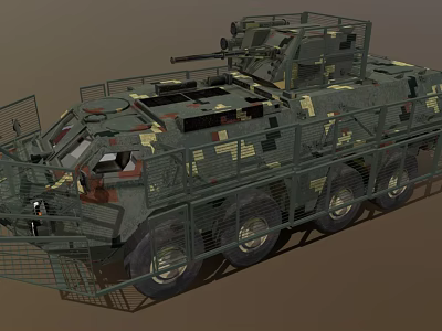 Camouflaged Military Tank With Metal Cage Armor Multi Wheel Design And Top Machine Gun 3d model
