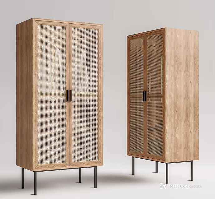 Wooden Wardrobe With Glass Doors Grid Design And Black Metal Legs Hanging Clothes Inside 3d model 