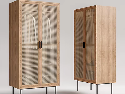Wooden Wardrobe With Glass Doors Grid Design And Black Metal Legs Hanging Clothes Inside 3d model
