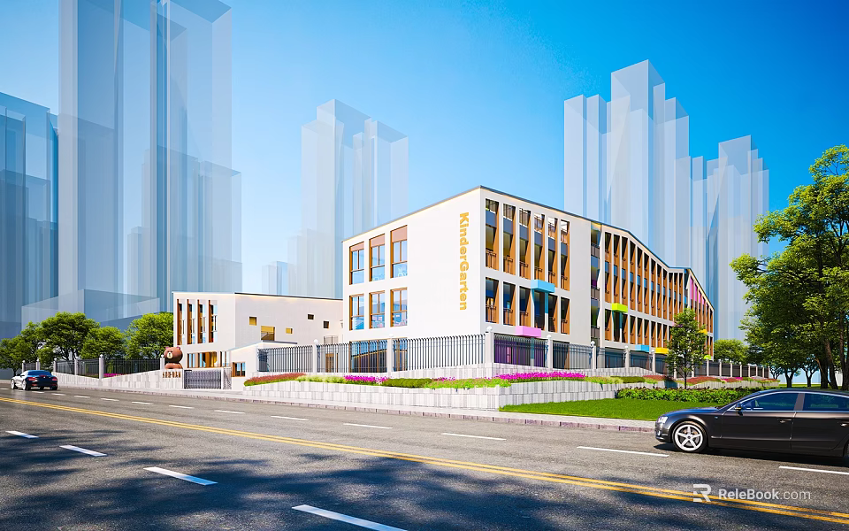 Modern Multistory School Building With Large Windows Colorful Accents Green Plants And Road With Car 3d model 