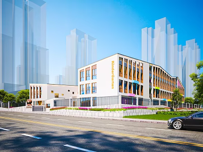 Modern Multistory School Building With Large Windows Colorful Accents Green Plants And Road With Car 3d model