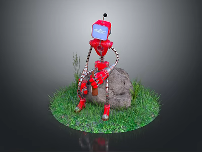 Red Robot Character Sitting On Rock Surrounded By Green Grass 3d model