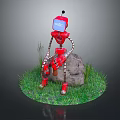 Red Robot Character Sitting On Rock Surrounded By Green Grass 3d model
