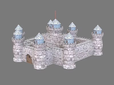 Cartoon Castle Scene With Multiple Towers Blue Spires And Stone Brick Structure 3d model