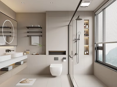 Modern Bathroom Interior With Double Sinks Large Mirror Shower Area Wall Shelves And Window Blinds 3d model