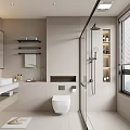Modern Bathroom Interior With Double Sinks Large Mirror Shower Area Wall Shelves And Window Blinds