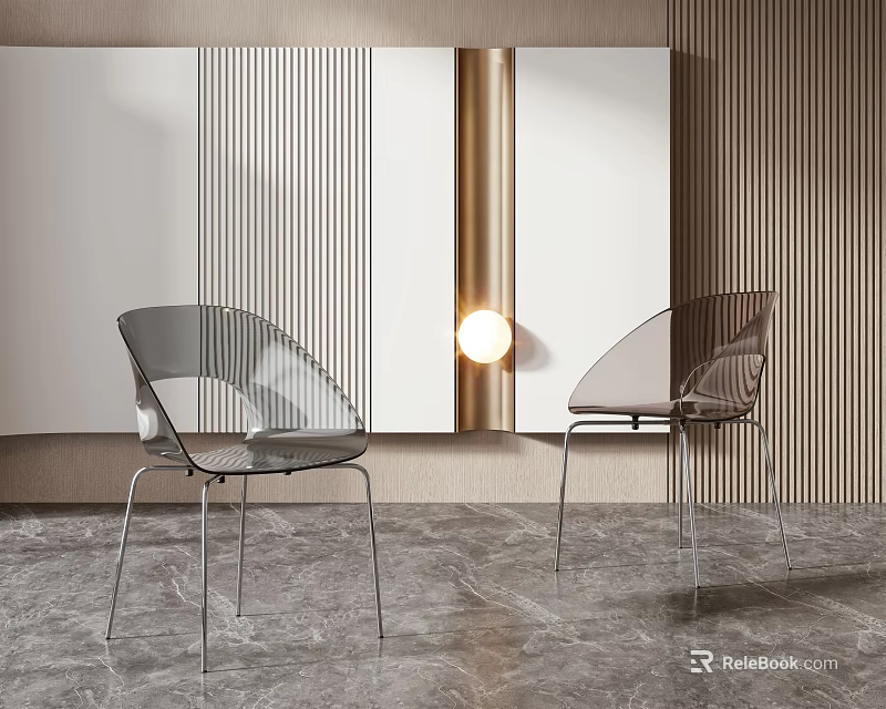 Modern Transparent Leisure Chairs With Slim Metal Legs Striped Wall And Round Lamp 3d model 
