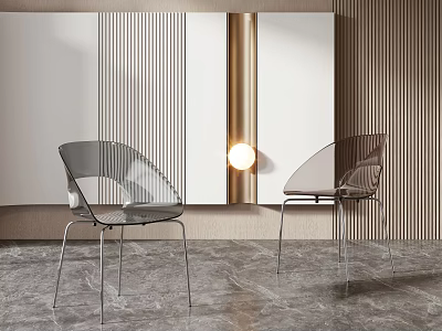 Modern Transparent Leisure Chairs With Slim Metal Legs Striped Wall And Round Lamp 3d model