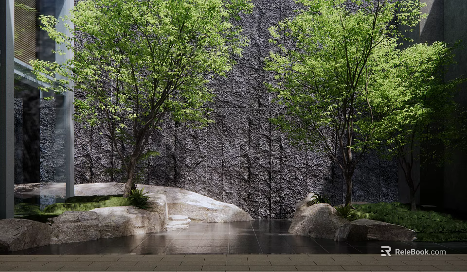 Tranquil Courtyard Garden With Lush Green Trees Stone Wall Rocks And Paved Ground 3d model 