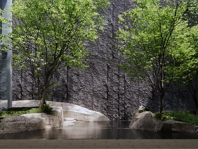 Tranquil Courtyard Garden With Lush Green Trees Stone Wall Rocks And Paved Ground 3d model