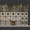 Traditional Timber Framed House With Sloped Tiled Roof Chimneys Multiple Windows And Stone Base