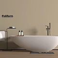 Poliform White Freestanding Bathtub With Faucet Towel Stand And Bath Products On Wooden Floor