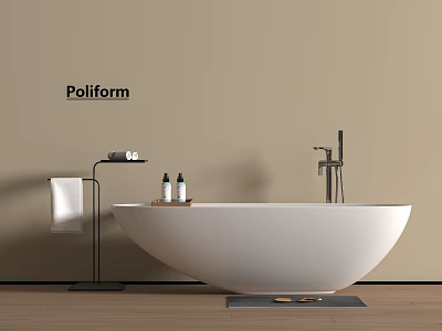 Poliform White Freestanding Bathtub With Faucet Towel Stand And Bath Products On Wooden Floor 3d model
