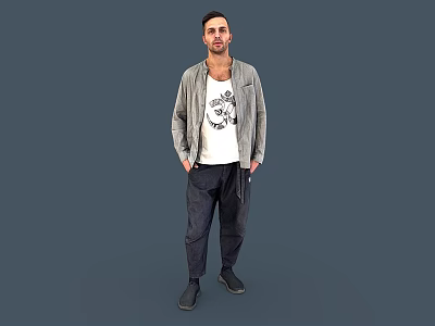 Man Wearing Gray Jacket White Printed T-Shirt Dark Pants And Black Shoes On Gray Background 3d model