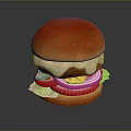 Delicious Juicy Hamburger With Red Bun Patty Cheese Lettuce Tomato And Pickles