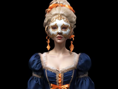 Game Movie Character With White Gold Mask In Blue Vintage Dress And Orange Accents 3d model