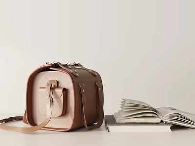 Classic Brown Leather Bag With Straps Next To Open Books 3d model