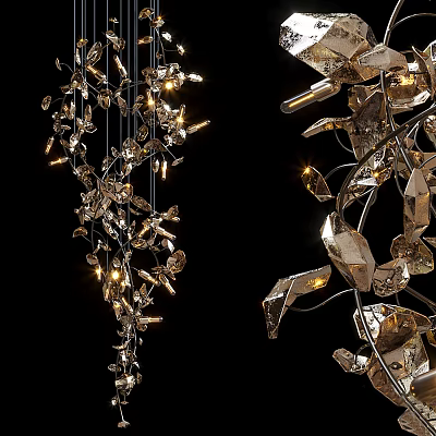 Elegant Modern Metallic Chandelier with Crystal Prism Shapes and Illuminated Warm Light 3d model