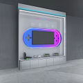Modern Display Cabinet Shelf With Neon Light Border Game Console Screen And Lower Storage Compartments 3d model