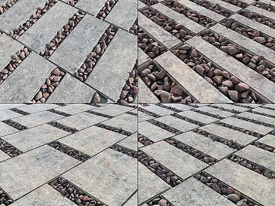 Natural Stone And Wood Paving Design For Outdoor Patio With Textured Slabs And Pebbles 3d model