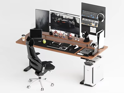Modern Gaming Desk With Multiple Monitors Gaming Chair Keyboard Mouse Headphones And Figurines 3d model