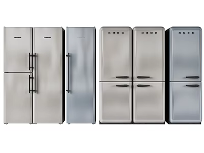 Multiple Silver Refrigerators and Freezers with Various Door Styles and Modern Design 3d model