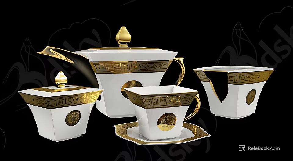 Elegant White Porcelain Tea Set With Gold Accents Greek Key Pattern Teapot Cups And Saucer 3d model 
