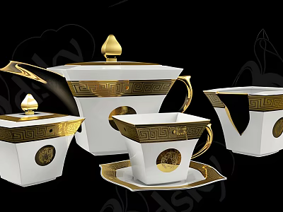 Elegant White Porcelain Tea Set With Gold Accents Greek Key Pattern Teapot Cups And Saucer 3d model
