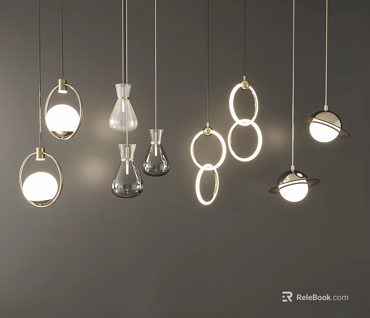 Modern Hanging Pendant Lights with Various Designs Metal Frames and Glass Elements 3d model 
