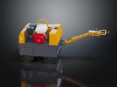 Small Yellow Road Roller With Red Engine And Long Handle Design 3d model