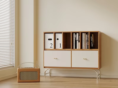 Wooden Entryway Cabinet Sideboard With White Drawers Open Shelves And Decorative Radio On Wooden Floor 3d model