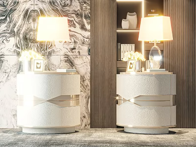 Two White Nightstands With Table Lamps And Decorative Items By Textured Wall 3d model