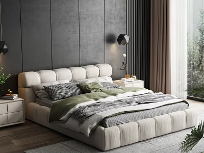Modern Double Bed Interior With Upholstered Headboard Nightstand Textured Wall And Wooden Floor 3d model
