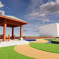 Park Landscape With Chinese Style Pavilions Waterfront Blue Sky And White Clouds
