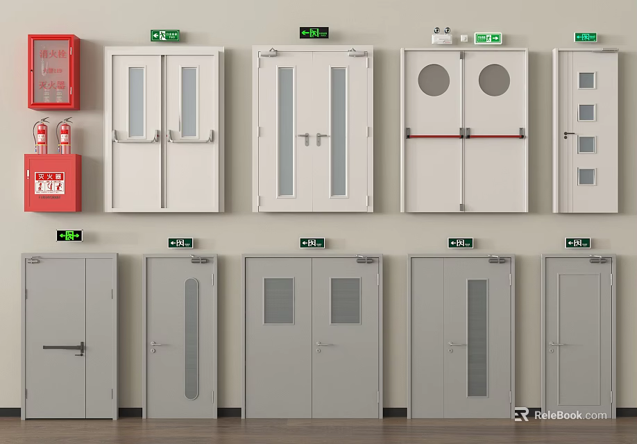 Various Types of Doors With Fire Safety Equipment and Emergency Exit Signs 3d model 