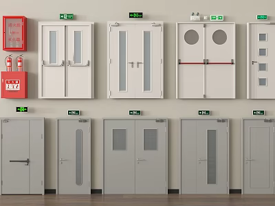 Various Types of Doors With Fire Safety Equipment and Emergency Exit Signs 3d model